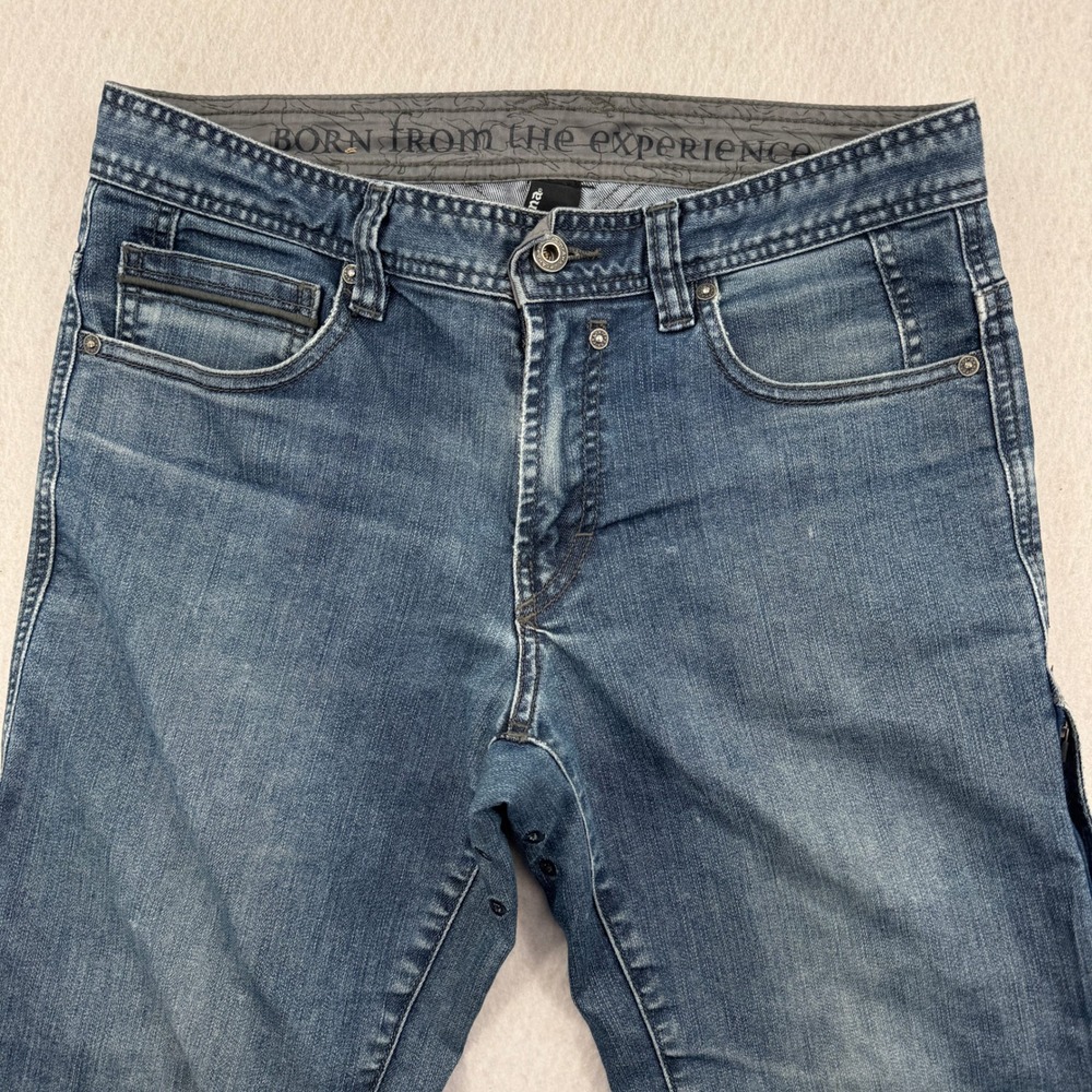 Prana Jeans Mens 30 (32x32) Blue Climbing Denim Outdoor Pants Cinch Hem Bungee